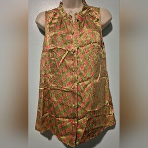 Lilly Pulitzer 100% Silk Pink Green Pattern Tank Top with Ruffled Collar Size 2